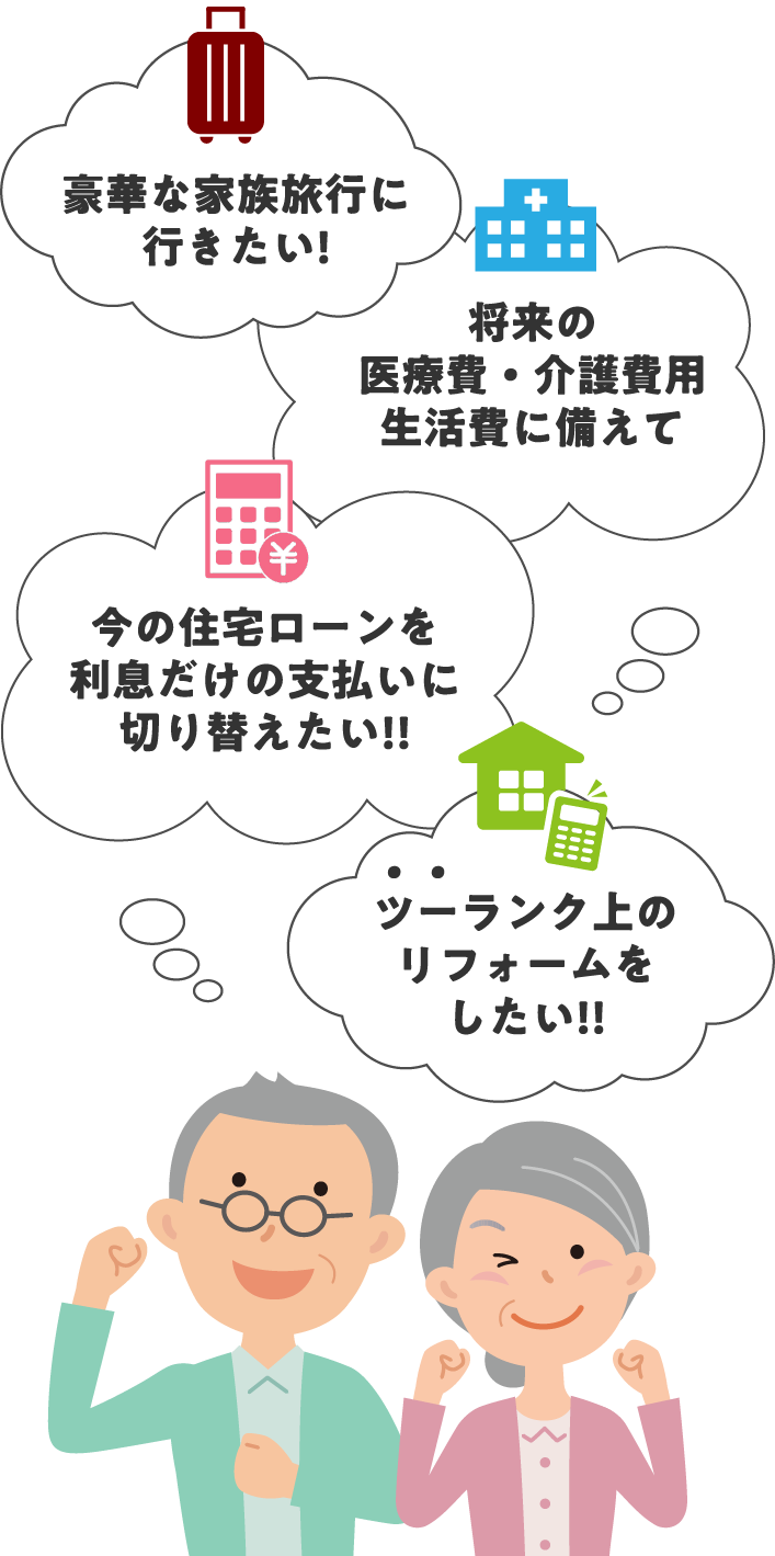 「剛かな家族旅行に行きたい！」「将来の医療費・介護費用に備えて」「今の住宅ローンを利息だけの支払いに切り替えたい！」「ツーランク上野リフォームをしたい！」