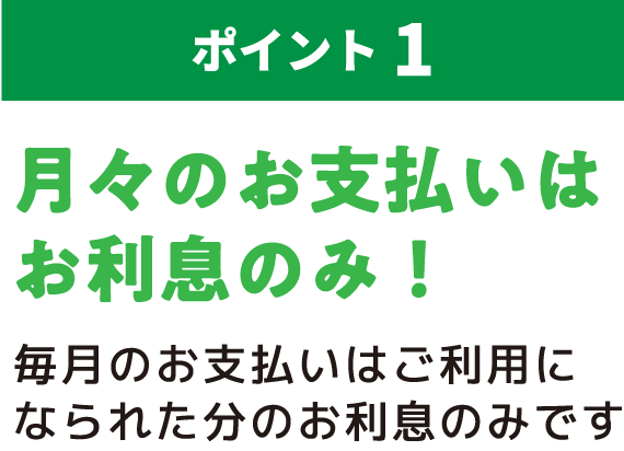 【ポイント１】月々のお支払いはお利息のみ！